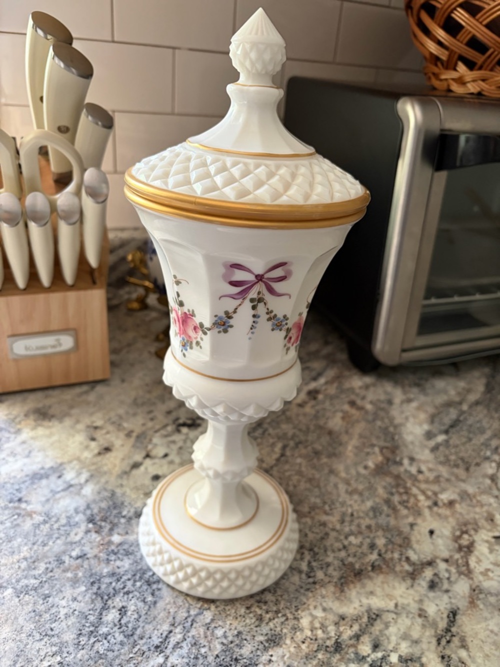 Vintage Milk Glass Lidded Urn w/ Gold Trim & Floral Detail